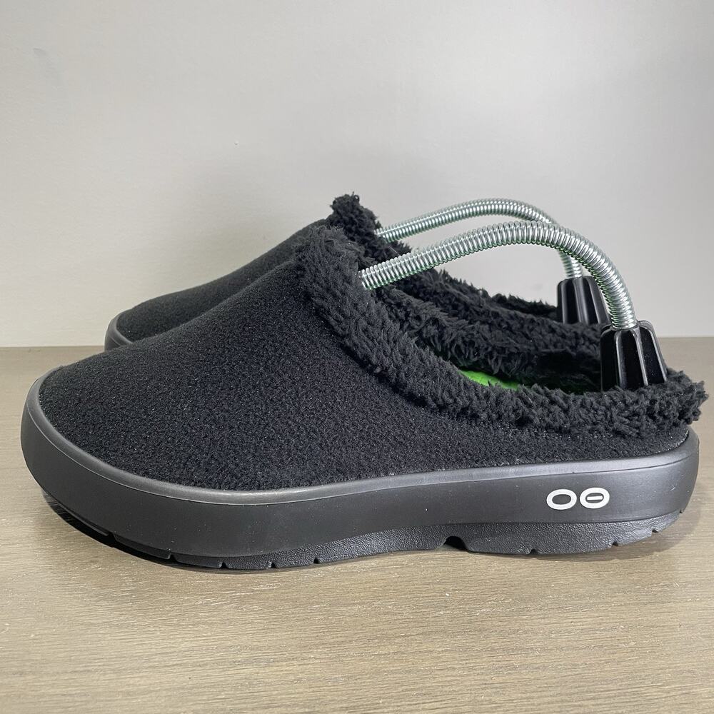 Oofos Mens 9.5 Slides NEW OOCozee Black Sherpa Lined Recovery Shoes Slip On Fur